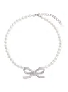 Self-portrait Lustrous Pearl Necklace With Bow-shaped Pendant In Metallic
