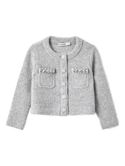 Self-portrait Kids' Pearl-embellished Pocket Cardigan In Gray