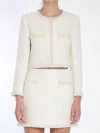 Self-portrait White Crewneck Jacket With Sequin And Faux-pearls Embellishments In Tech Fabric Woman