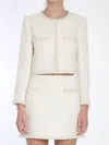 Self-portrait White Crewneck Jacket With Sequin And Faux-pearls Embellishments In Tech Fabric Woman In Beige