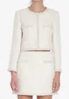 Self-portrait White Crewneck Jacket With Sequin And Faux-pearls Embellishments In Tech Fabric Woman In Cream