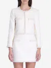 Self-portrait White Crewneck Jacket With Sequin And Faux-pearls Embellishments In Tech Fabric Woman In Ivory