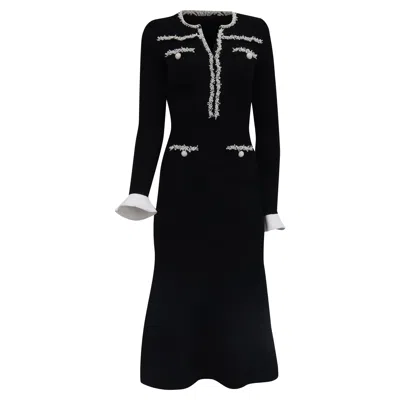 Self-portrait Pearl Trim Knit Midi Dress In Black Polyester