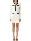 Self-portrait Textured White Dress With Beaded V-neckline In White