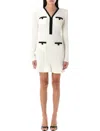 Self-portrait White Mini Dress With Notched Collar And Contrasting Trim In Viscose Blend Stretch Woman In White