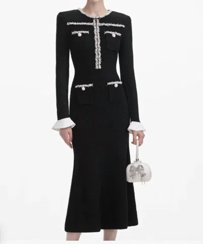 SELF-PORTRAIT PEARL TRIM MIDI DRESS IN BLACK