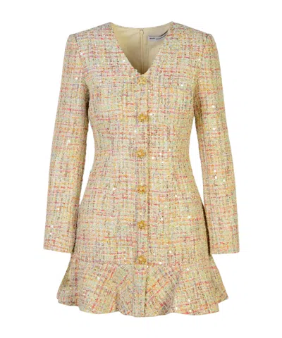Self-portrait Peplum Hem Long-sleeved Tweed Minidress In Beige