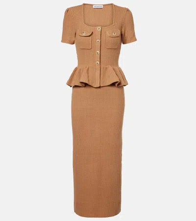 Self-portrait Peplum Waffle-knit Midi Dress In Brown