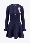 Self-portrait Self Portrait Women Perforated Knit Short Dress With Removable Lace Brooch In Blue