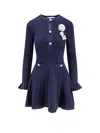 Self-portrait Perforated Knit Short Dress With Removable Lace Brooch In Blue