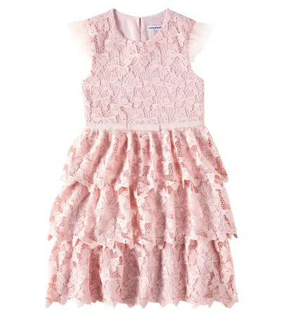 Self-portrait Kids' Bow-detail Tiered Lace Dress In Pink