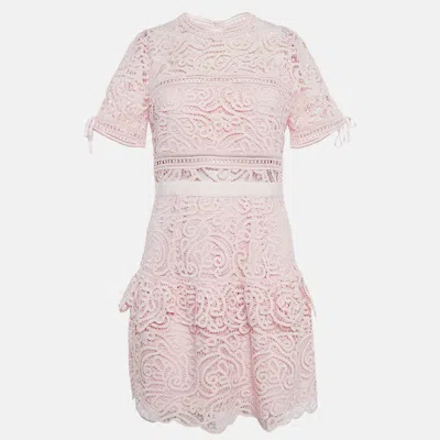 Pre-owned Self-portrait Pink Abstract Guipure Lace Ruffled Mini Dress S