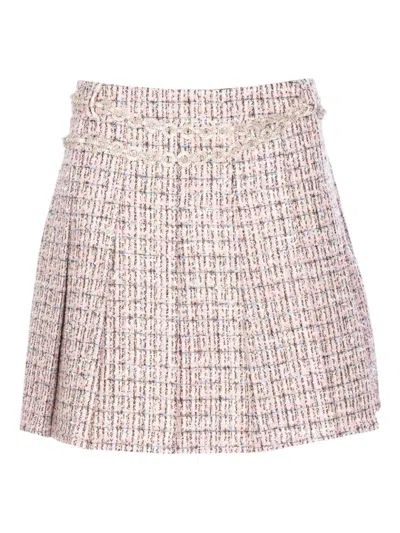 SELF-PORTRAIT SELF-PORTRAIT PINK BOUCLÉ CRYSTAL BELTED MINI SKIRT