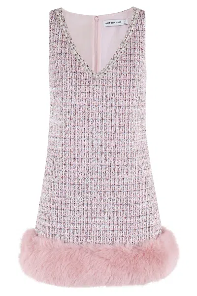 Self-portrait Pink Boucle Fur Hem Mini Dress