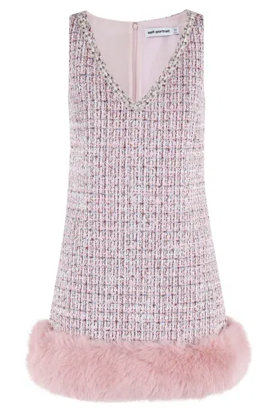 Self-portrait Pink Boucle Fur Hem Mini Dress In Neutral