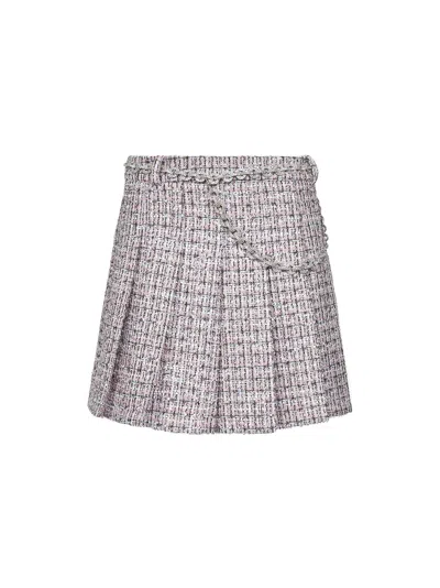SELF-PORTRAIT PINK BOUCLÉ PLEATED CRYSTAL BELT MINI SKIRT