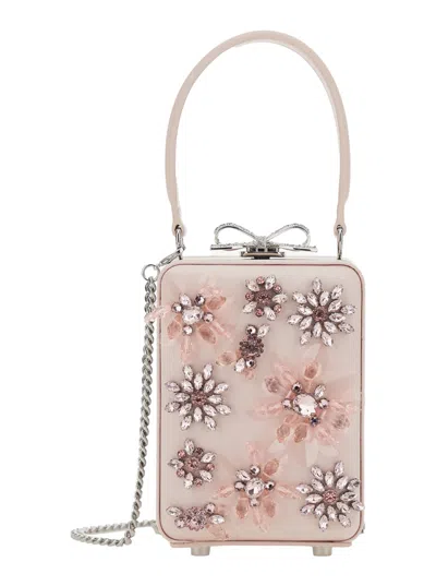 SELF-PORTRAIT PINK CLUTCH BAG WITH ALL-OVER FLORAL DETAILS AND METALLIC BOW IN SATIN WOMAN
