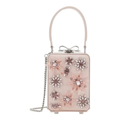 Self-portrait Pink Clutch Bag With All-over Floral Details And Metallic Bow In Satin Woman