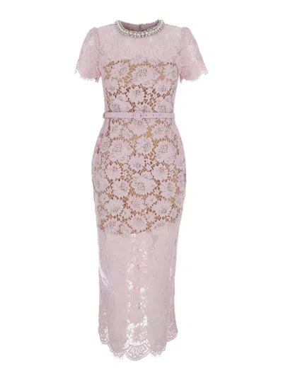 Self-portrait Pink Crewneck Midi Dress With All-over Lace Embroidery And Jewel Embellishment On The Collar In Cott