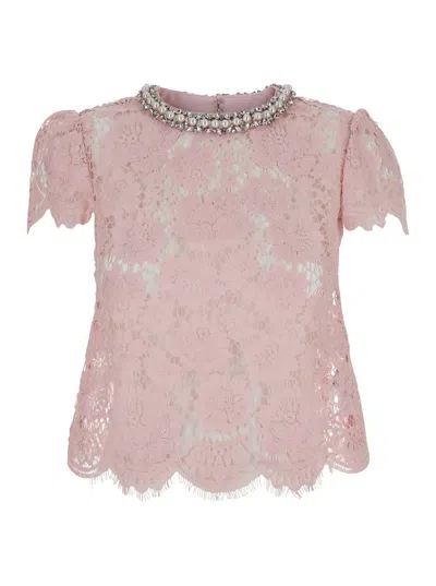 Self-portrait Pink Crewneck Top With Jewel Embellishment On The Collar And All-over Lace Embroidery In Cotton Blen