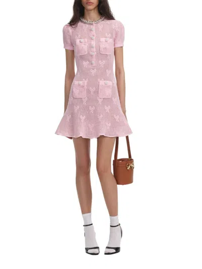 Self-portrait Pink Crochet Bow Mini Dress With Crystal Trim