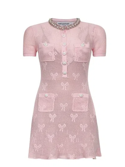 SELF-PORTRAIT PINK CROCHET BOW MINI DRESS WITH CRYSTAL TRIM
