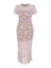 Self-portrait Pink Crewneck Midi Dress With All-over Lace Embroidery And Jewel Embellishment On The Collar In Cott In Pink
