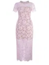 Self-portrait Pink Crewneck Midi Dress With All-over Lace Embroidery And Jewel Embellishment On The Collar In Pink