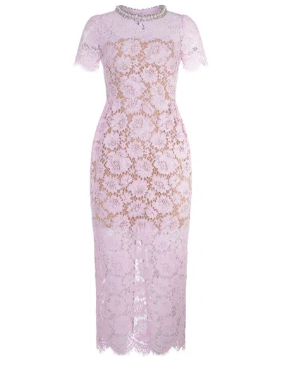 SELF-PORTRAIT PINK FINE LACE PEARL MIDI DRESS