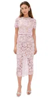 Self-portrait Pink Crewneck Midi Dress With All-over Lace Embroidery And Jewel Embellishment On The Collar In Pink