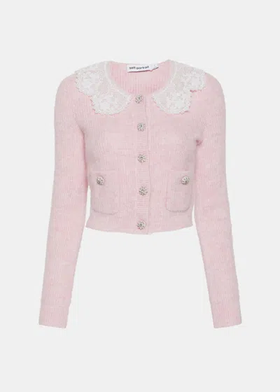 Self-portrait Lace-panelling Cropped Cardigan In Pink