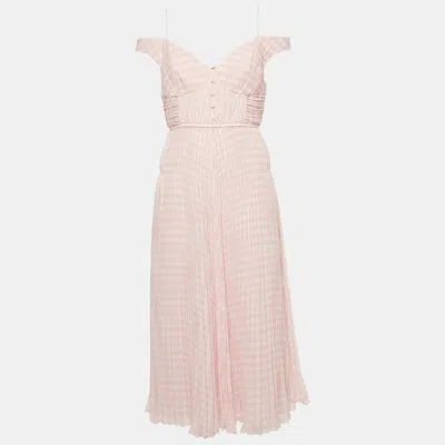 Pre-owned Self-portrait Pink Gingham Print Chiffon Pleated Midi Dress M