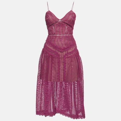 Pre-owned Self-portrait Pink Guipure Lace Flared Midi Dress Xs