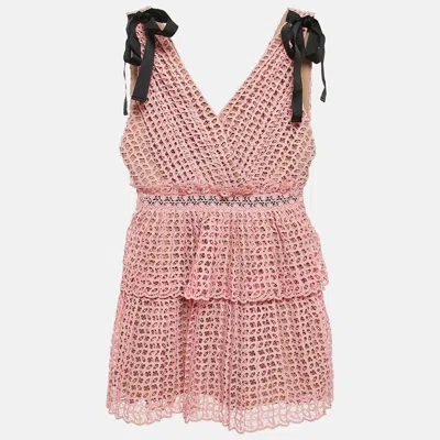 Pre-owned Self-portrait Pink Guipure Lace Pleated Sleeveless Mini Dress S