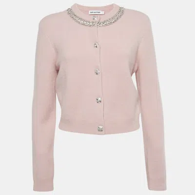 Pre-owned Self-portrait Pink Knit Crystal Embellished Cardigan M