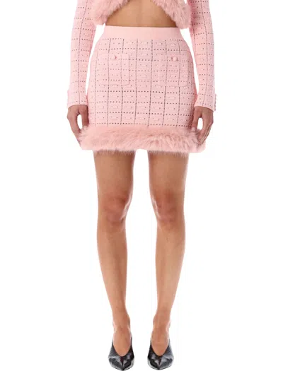 SELF-PORTRAIT SELF-PORTRAIT PINK KNIT MINI SKIRT WITH FAUX FUR HEM