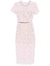 Self-portrait Pink Crewneck Midi Dress With All-over Lace Embroidery And Jewel Embellishment On The Collar In Light Pink