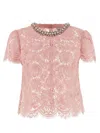 Self-portrait Floral Lace Scalloped Beaded Short Sleeve Top In Pink
