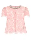 Self-portrait Floral Lace Scalloped Beaded Short Sleeve Top In Pink