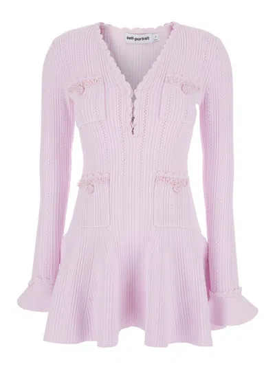 SELF-PORTRAIT PINK DRESS WITH V-NECK AND BEADED DETAILS IN VISCOSE BLEND WOMAN