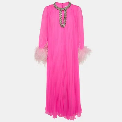 Pre-owned Self-portrait Pink Plisse Embellished Feather Maxi Dress S