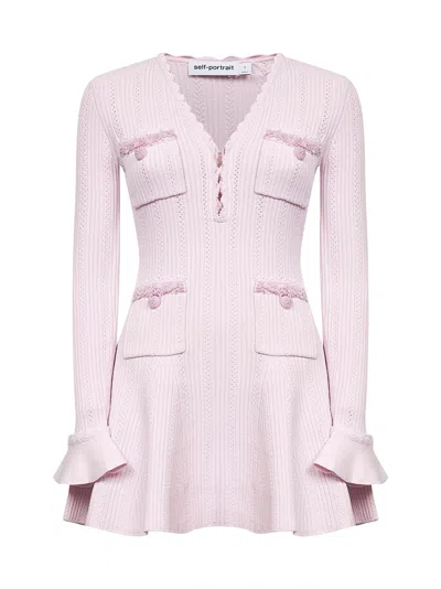 Self-portrait Pink Pointelle Knit Pearl Trim Mini Dress