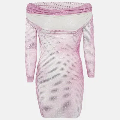 Pre-owned Self-portrait Pink Rhinestone Contour Print Mesh Mini Dress M
