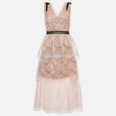 Pre-owned Self-portrait Pink Starlet Rose Patterned Lace Midi Dress S