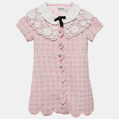 Pre-owned Self-portrait Pink Tweed Button Front Lace Trimmed Dress 5-6 Yrs
