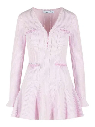 Self-portrait Neutrals Textured Knit Flared Sleeves Mini Dress In Pink