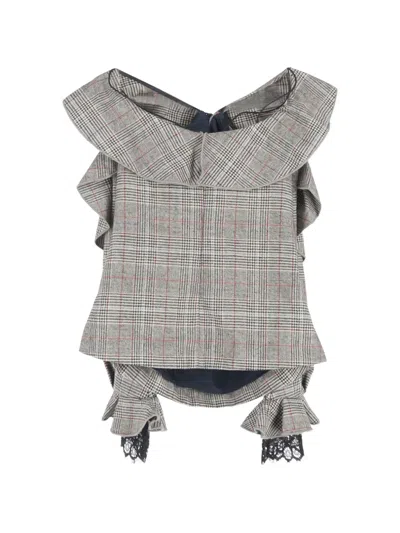 Pre-owned Self-portrait Plaid Frill Off-shoulder Top In Gray
