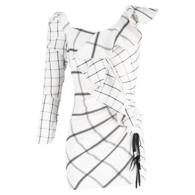 Self-portrait Plaid Print Mini Dress In White Polyester