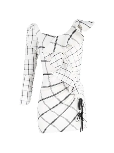 Pre-owned Self-portrait Plaid Ruffle-detail Mini Dress In White