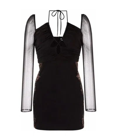 Self-portrait Plain Knitted Hollowed-out Mini Dress In Black